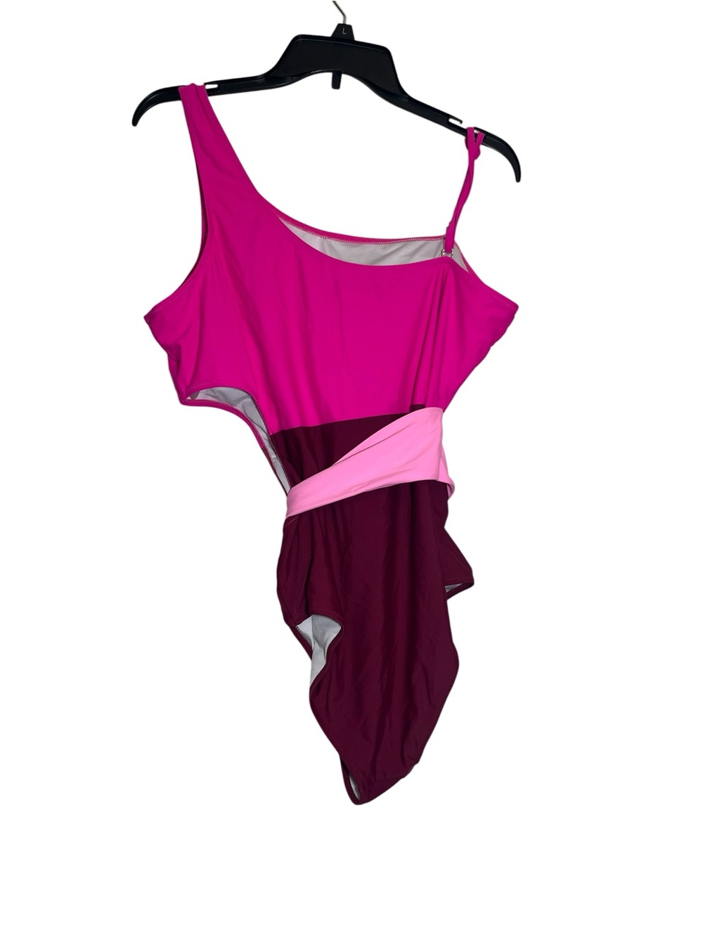 One-Shoulder Colorblock One-Piece Swimsuit in Hot Pink & Burgundy - Women Swim - Picture 3 of 4